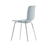 Light gray chair with a sleek design and chrome legs, featuring a smooth, minimalist aesthetic.
