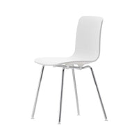 White plastic chair with sleek, minimalist design and shiny chrome legs. Perfect for modern decor.