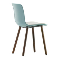 Aqua blue chair with smooth surface and natural wood legs, perfect for modern decor.