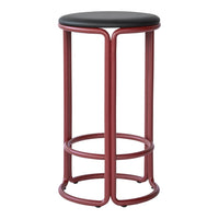 Red metal bar stool with a sleek black round seat, featuring a modern minimalist design and simple circular patterns.