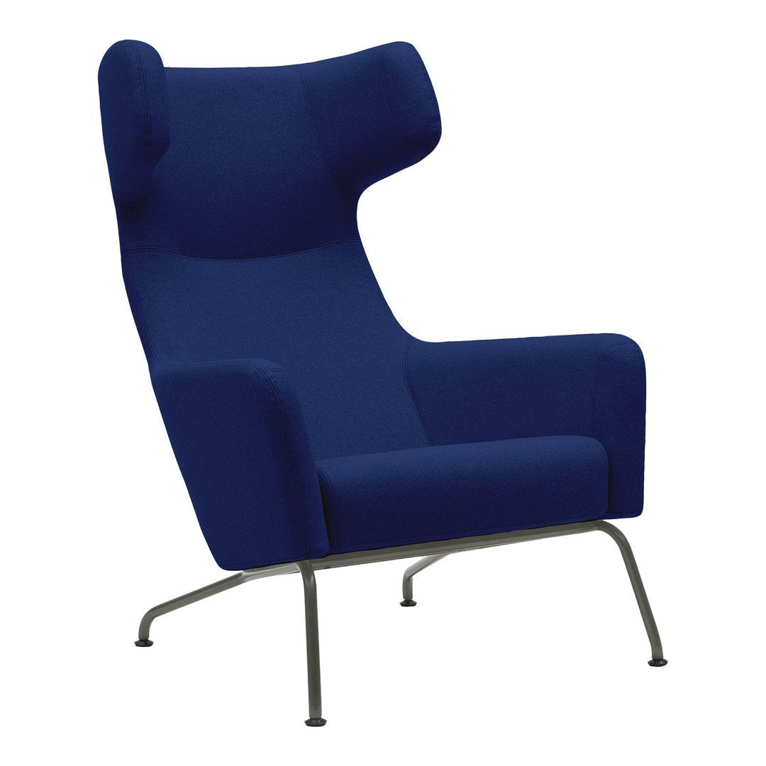 Royal blue high-back chair with smooth fabric and minimalist metal legs, perfect for modern decor.