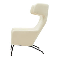 Cream-colored modern chair with a sleek silhouette and minimalistic design, featuring a black metal base.
