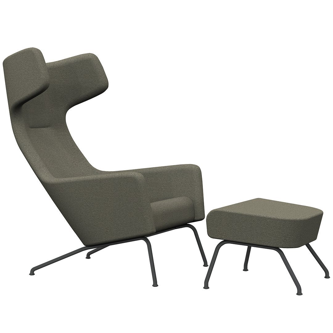 Stylish gray lounge chair with matching ottoman, featuring a modern minimalist design and clean lines.