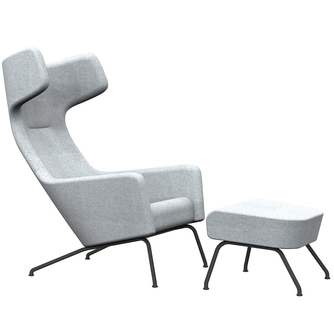 Gray modern high-back chair with matching ottoman, featuring a sleek, minimalist design and smooth fabric texture.
