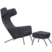 Modern gray armchair with matching ottoman, featuring a sleek, minimalist design and soft fabric texture.
