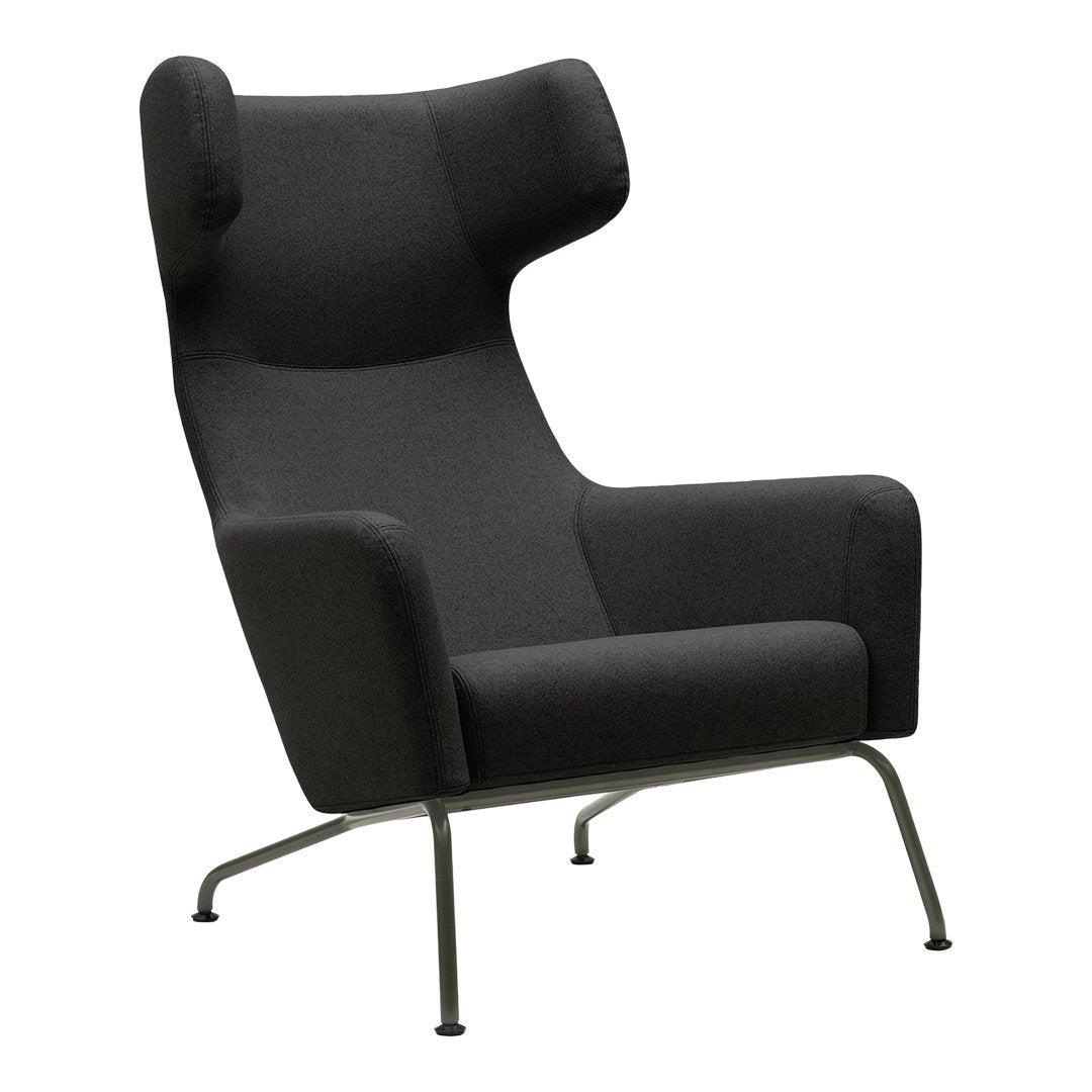 Stylish high-back chair in solid black fabric with a smooth, modern pattern and sleek metal legs.