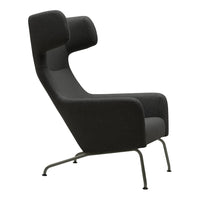 Sleek black upholstered chair with smooth curves and a minimalist design on metallic legs. Ideal for modern decor.