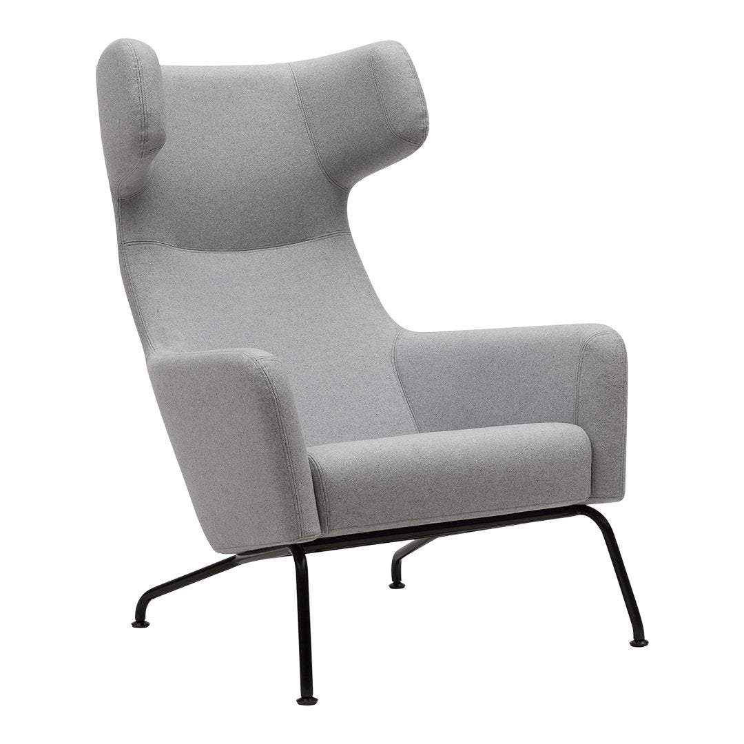 Light gray high-back chair with smooth fabric and minimalist black metal legs. Modern design for stylish interiors.
