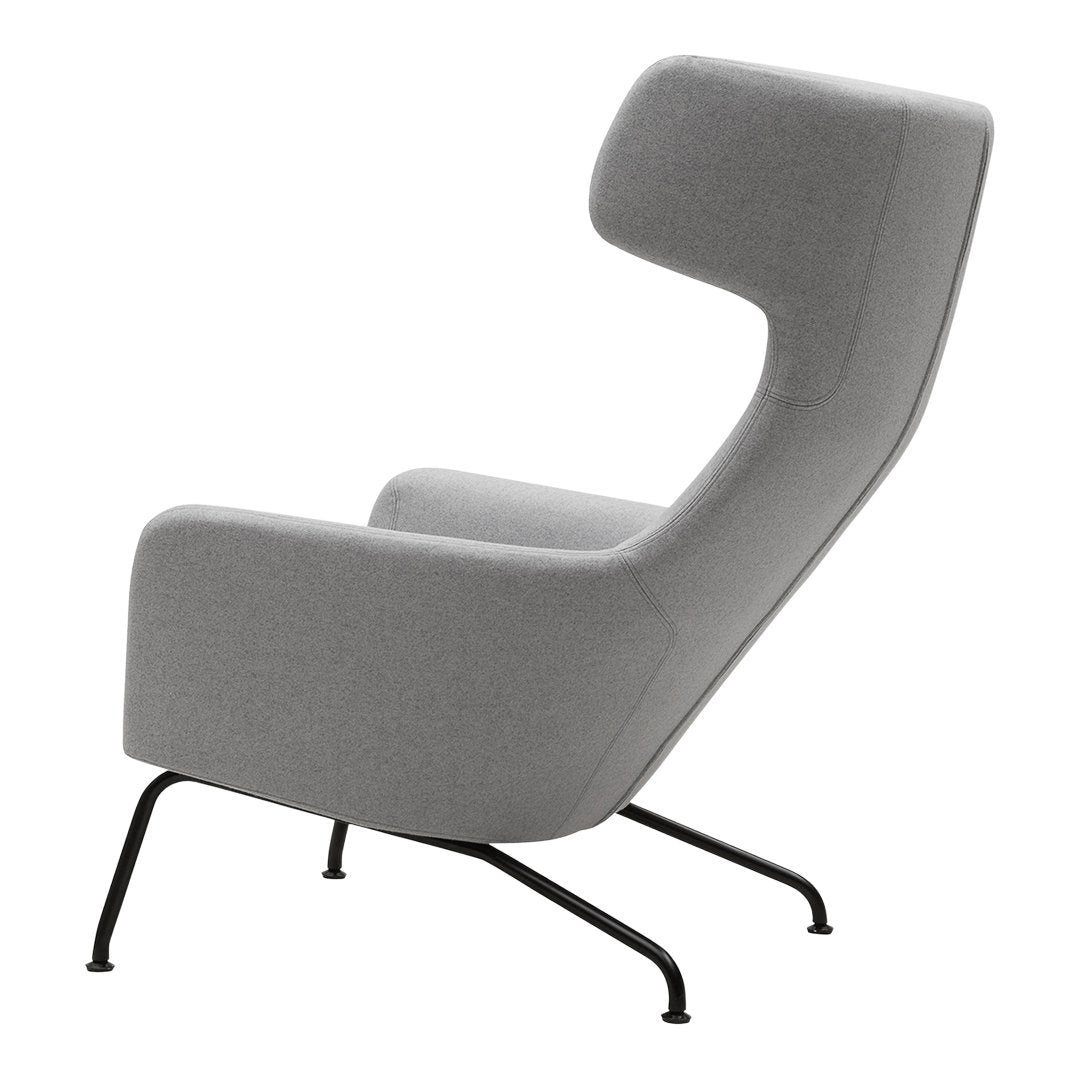 Stylish light gray high-back chair with smooth upholstery and sleek black metal legs. Modern design for contemporary spaces.