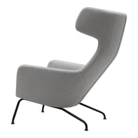 Stylish light gray high-back chair with smooth upholstery and sleek black metal legs. Modern design for contemporary spaces.