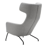 Gray upholstered accent chair with a modern design and sleek black metal legs. Minimalist and stylish.
