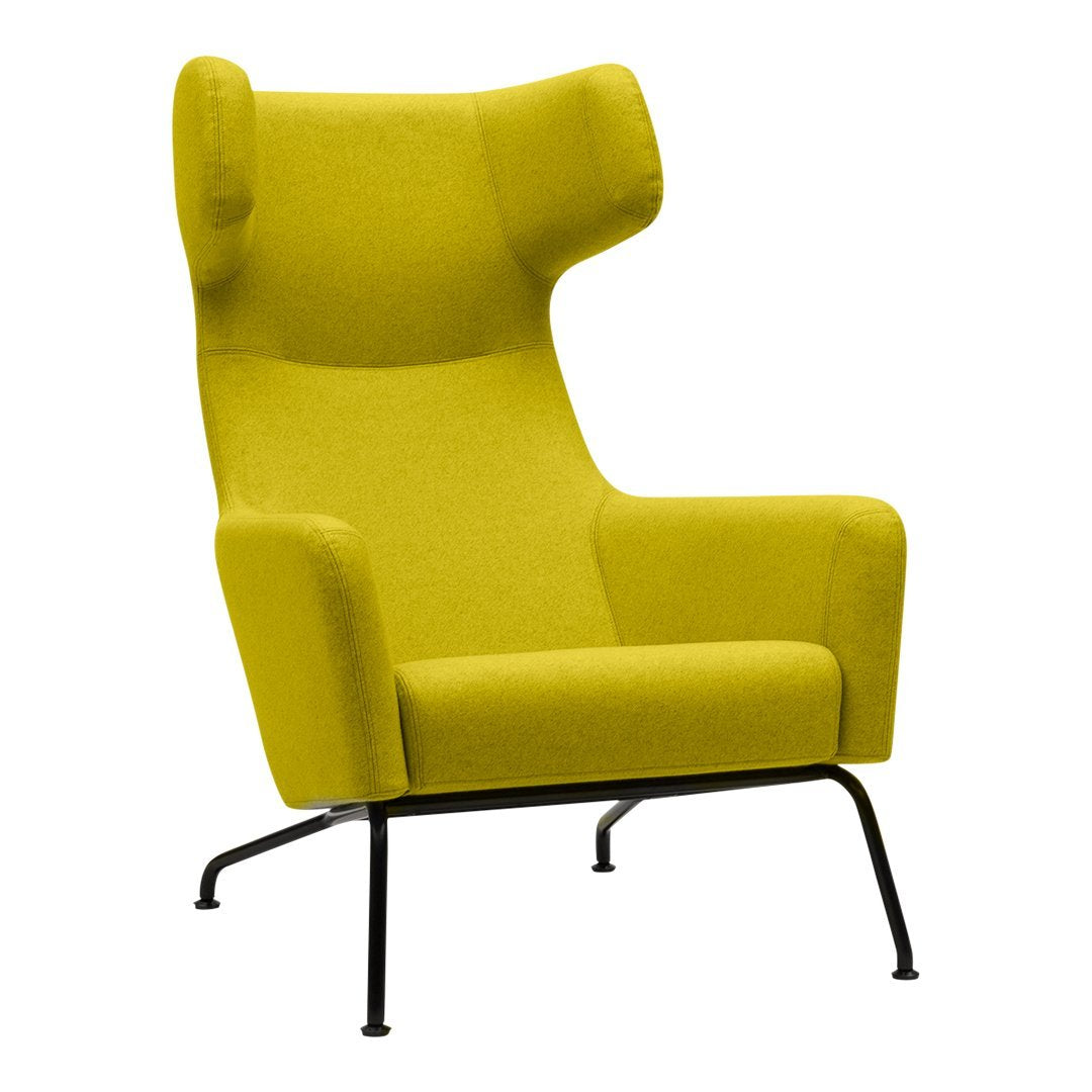 Vibrant yellow upholstered armchair with a contemporary design and sleek black metal base.
