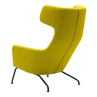 Vibrant yellow upholstered lounge chair with sleek black legs, featuring a modern, sculptural design.