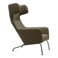 Stylish high-back chair in muted brown upholstery with a minimalist design and sleek metal legs. Perfect for modern decor.