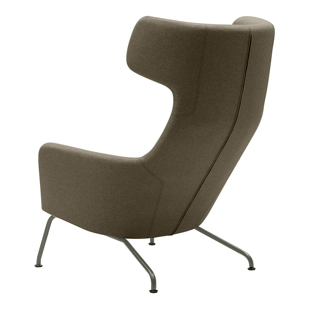 Sleek, modern chair in a warm taupe fabric with smooth, minimalist design and silver metal legs.