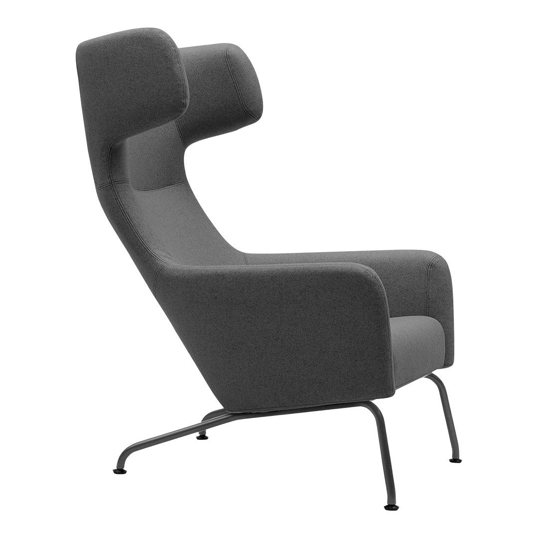 Grey upholstered chair with a sleek, minimalist design and smooth metallic legs, featuring a subtle textured pattern.