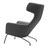 Stylish gray upholstered lounge chair with a sleek, modern design and minimalist metal legs. Perfect for contemporary spaces.