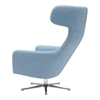 Light blue modern chair with a sleek design and a subtle textured fabric pattern on a chrome base.