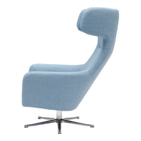Sleek blue upholstered chair with a modern design and smooth fabric pattern, featuring a chrome swivel base.
