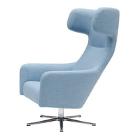 Light blue ergonomic lounge chair with smooth, modern design and a chrome base. Ideal for contemporary interiors.