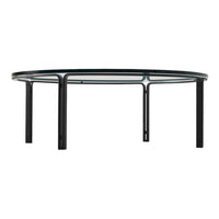 Round glass top coffee table with a sleek black metal frame. Modern design complements any decor.