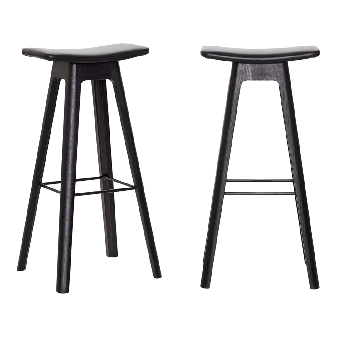 Sleek black wooden bar stools with a minimalist design, featuring smooth curved seats and straight legs.
