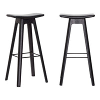 Sleek black wooden bar stools with a minimalist design, featuring smooth curved seats and straight legs.