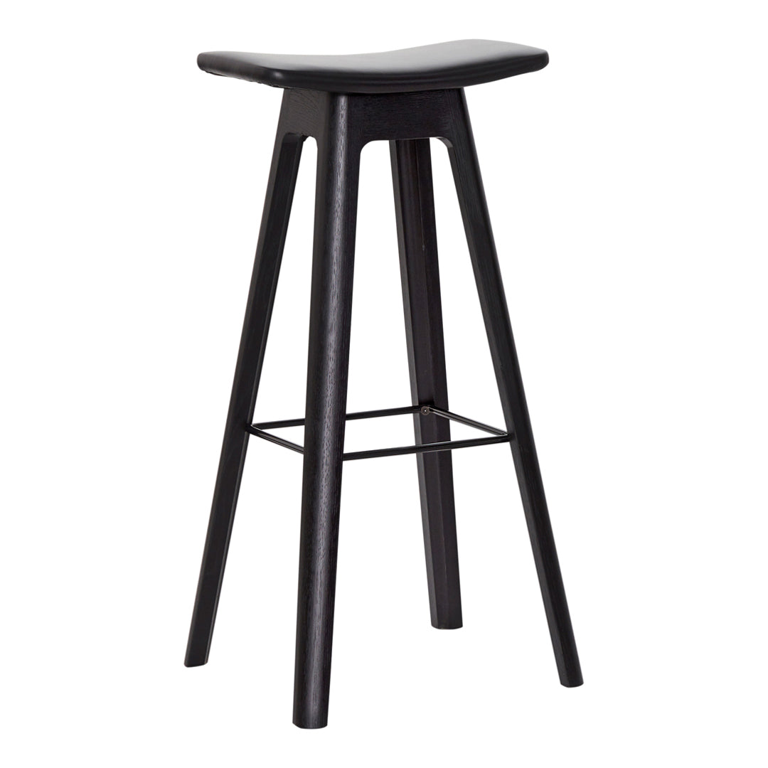 Black wooden bar stool with a sleek, minimalist design and smooth, curved seat. Perfect for modern interiors.