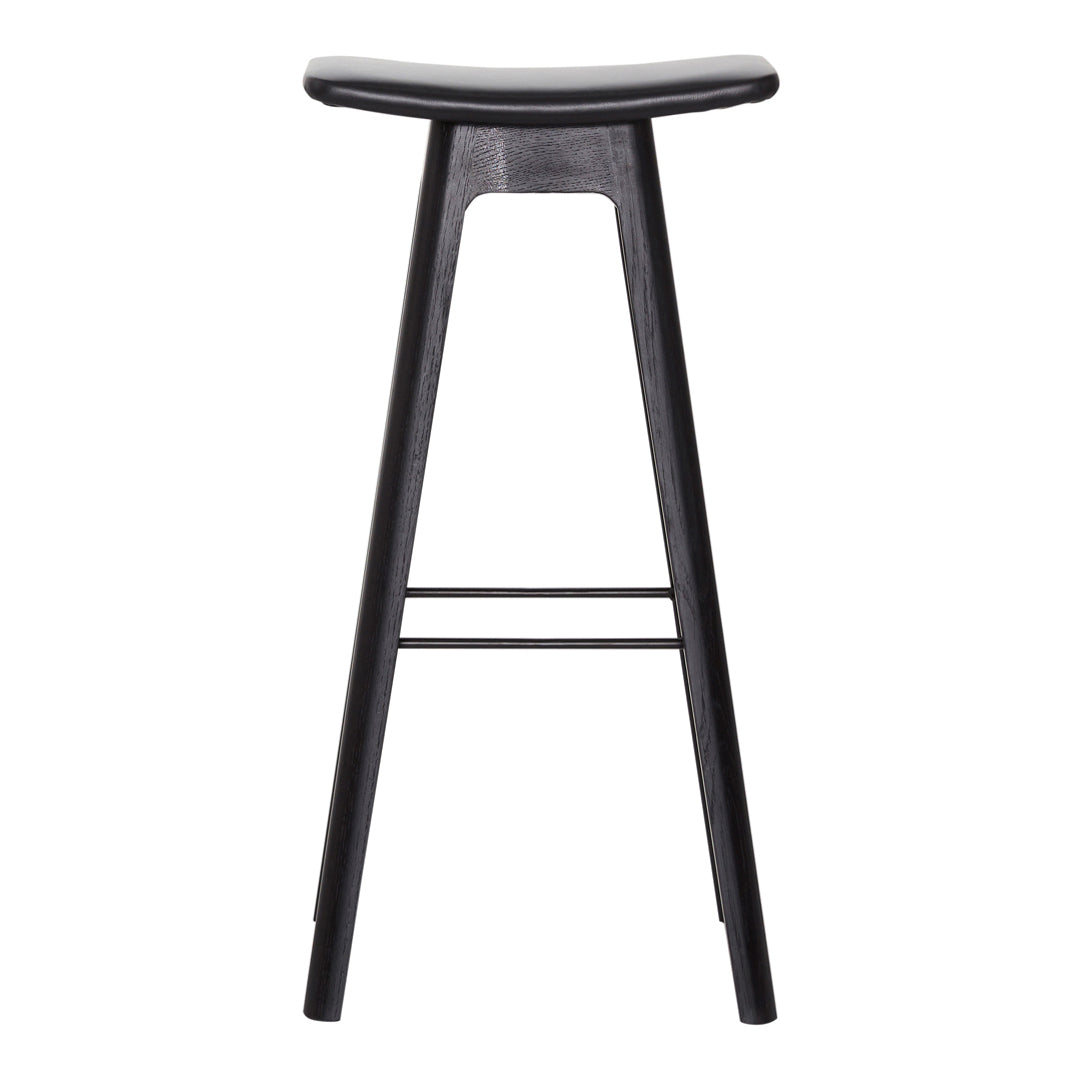 Black wooden bar stool with a minimalist design and smooth, curved seat. Simple and elegant seating solution.