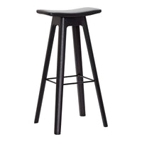 Black bar stool with a smooth, contoured seat and sleek wooden legs, adding modern elegance to any space.