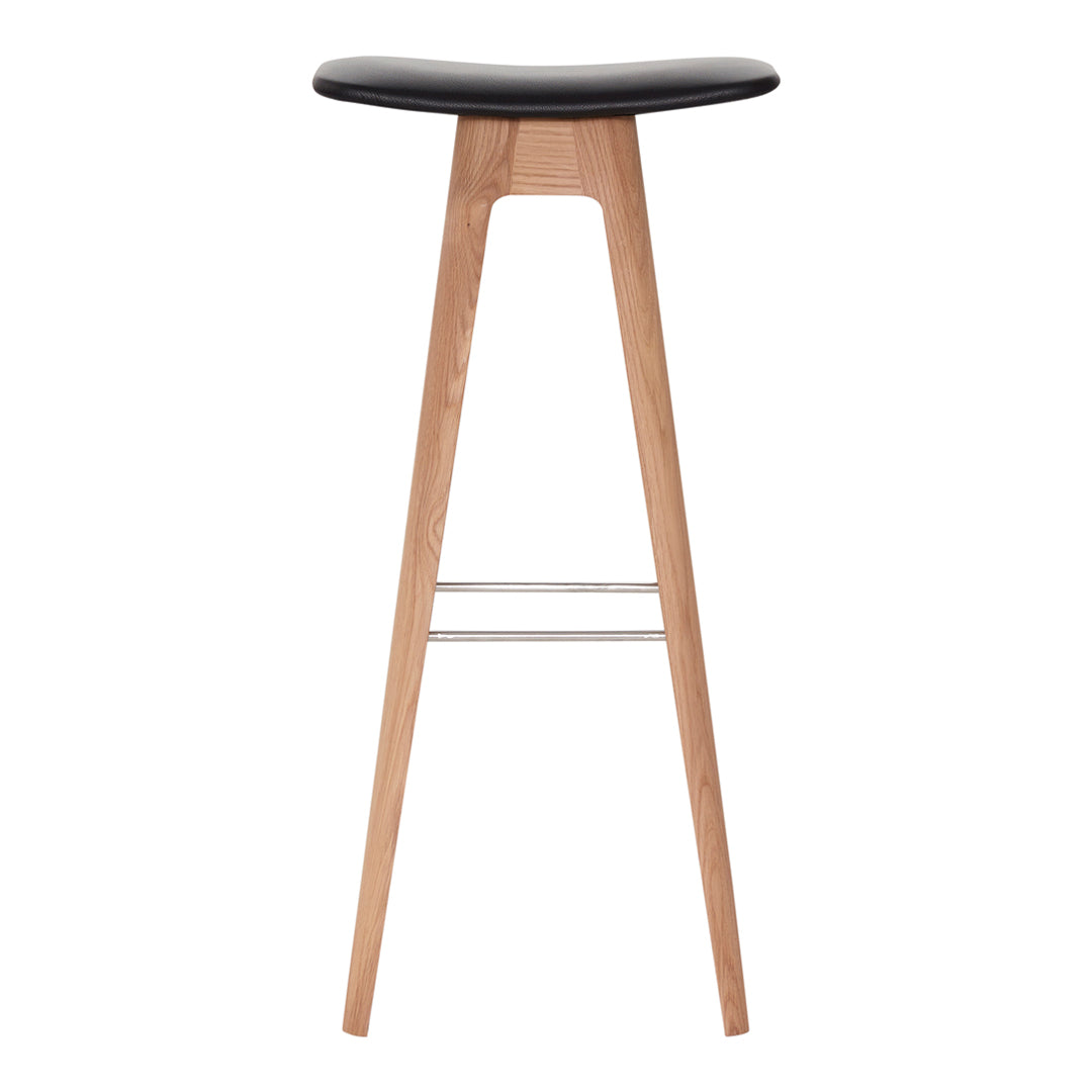 Black and natural wood bar stool with a minimalist design and sleek lines, perfect for modern decor.