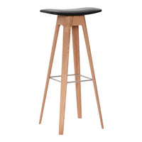 Black seat with smooth finish on natural wood legs, featuring a minimalist design and clean lines.