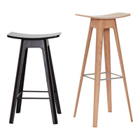 Black and natural wood bar stools with sleek, modern designs and a minimalist aesthetic.