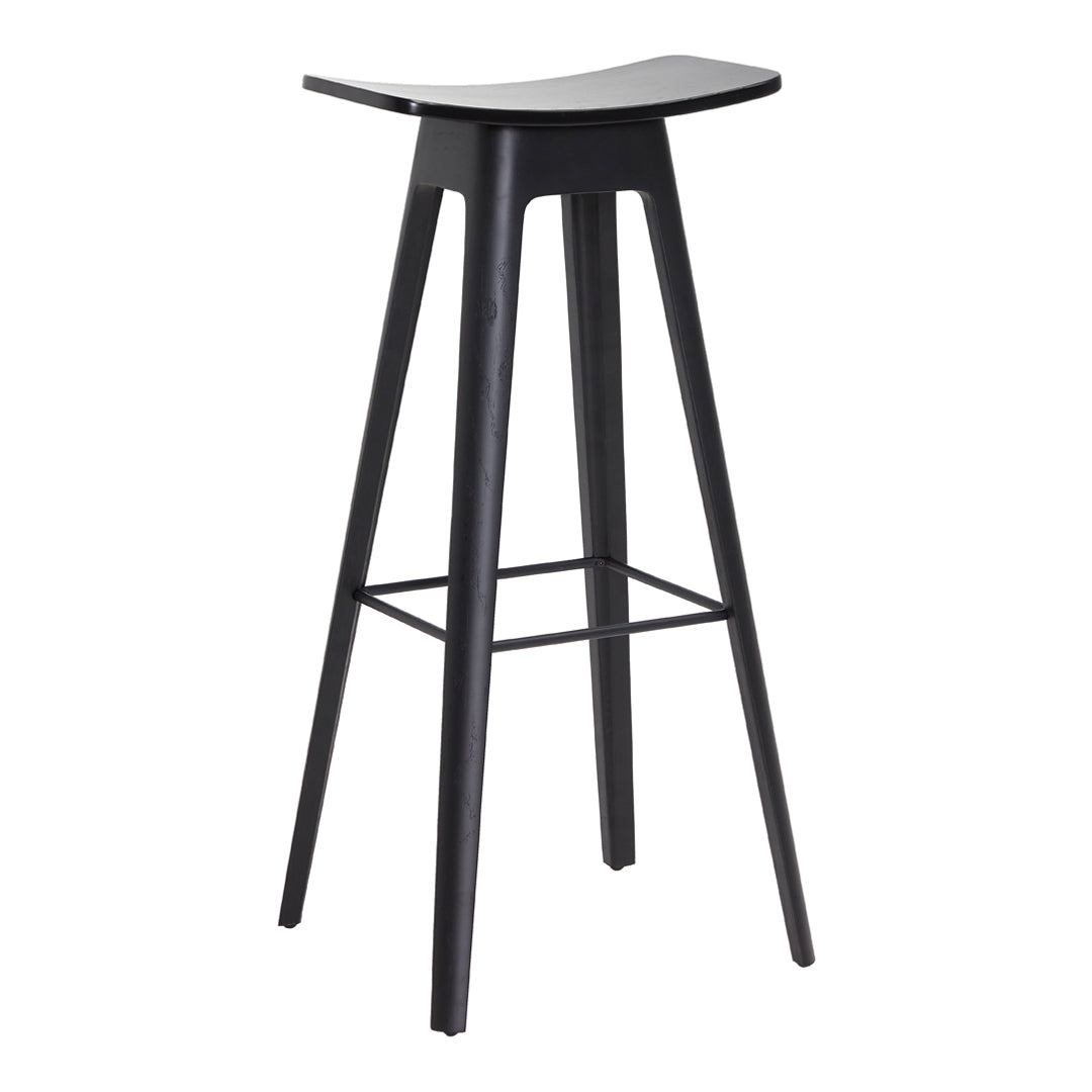 Sleek black bar stool with a minimalist design and smooth surface, featuring clean lines and an understated look.