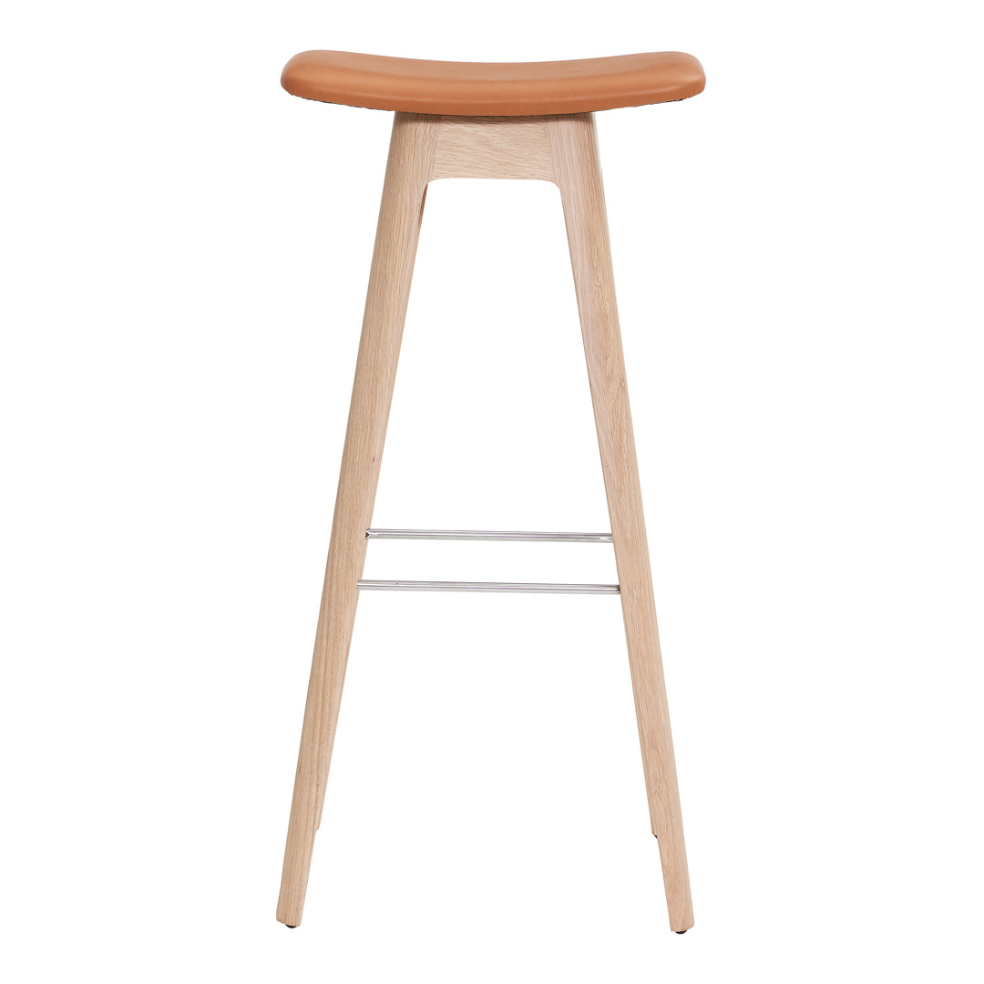 Light wood bar stool with a natural finish and a smooth, warm tan seat. Minimalistic design with clean lines.
