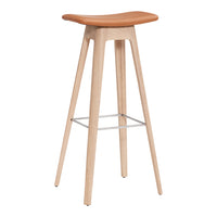Natural wood bar stool with a sleek, warm tan seat and minimalist design, featuring clean lines and modern style.