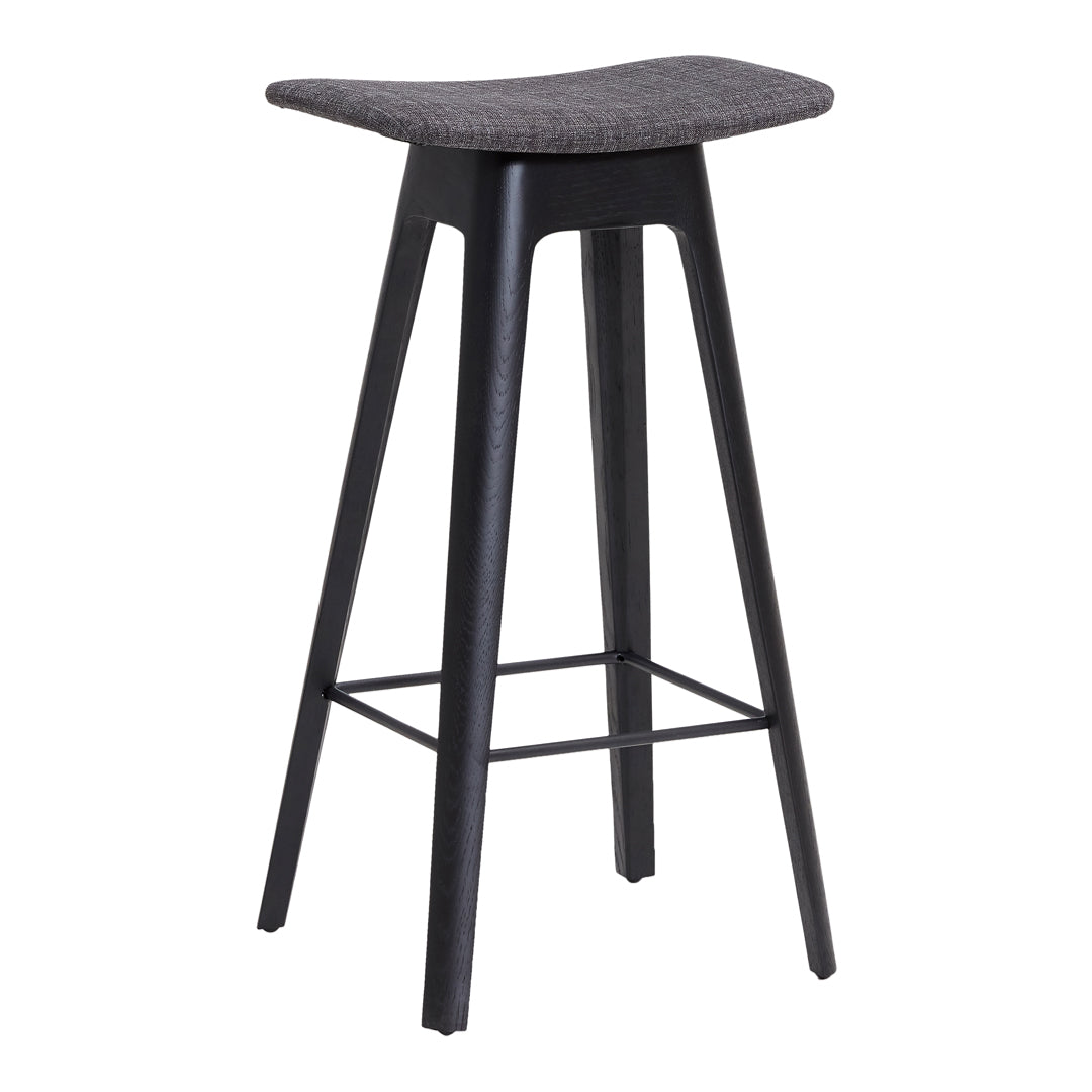Black bar stool with a sleek design and a textured dark gray upholstered seat. Ideal for modern decor.