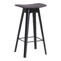 Black bar stool with a sleek design and a textured dark gray upholstered seat. Ideal for modern decor.