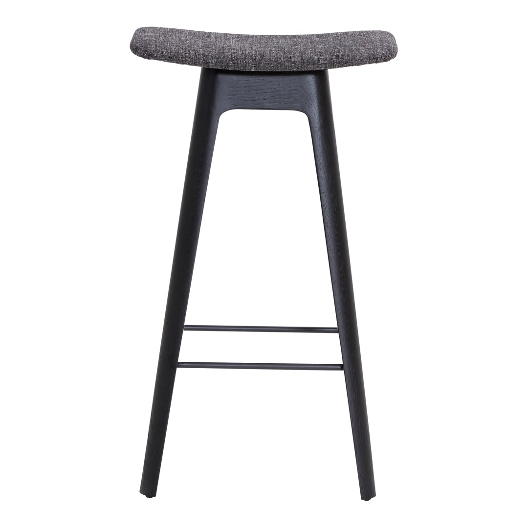 Gray upholstered bar stool with a matte black frame, featuring clean lines and a contemporary design.