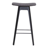 Gray upholstered bar stool with a matte black frame, featuring clean lines and a contemporary design.