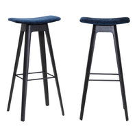 Navy blue velvet bar stools with sleek black wooden legs and minimalistic design. Perfect for modern decor.