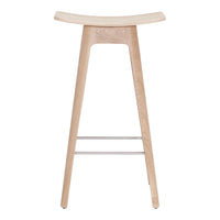 Natural wood bar stool with a smooth light finish and minimalist design, featuring clean lines and a simple pattern.