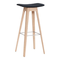 Modern bar stool featuring a sleek black seat and natural wood legs with a minimalist design.