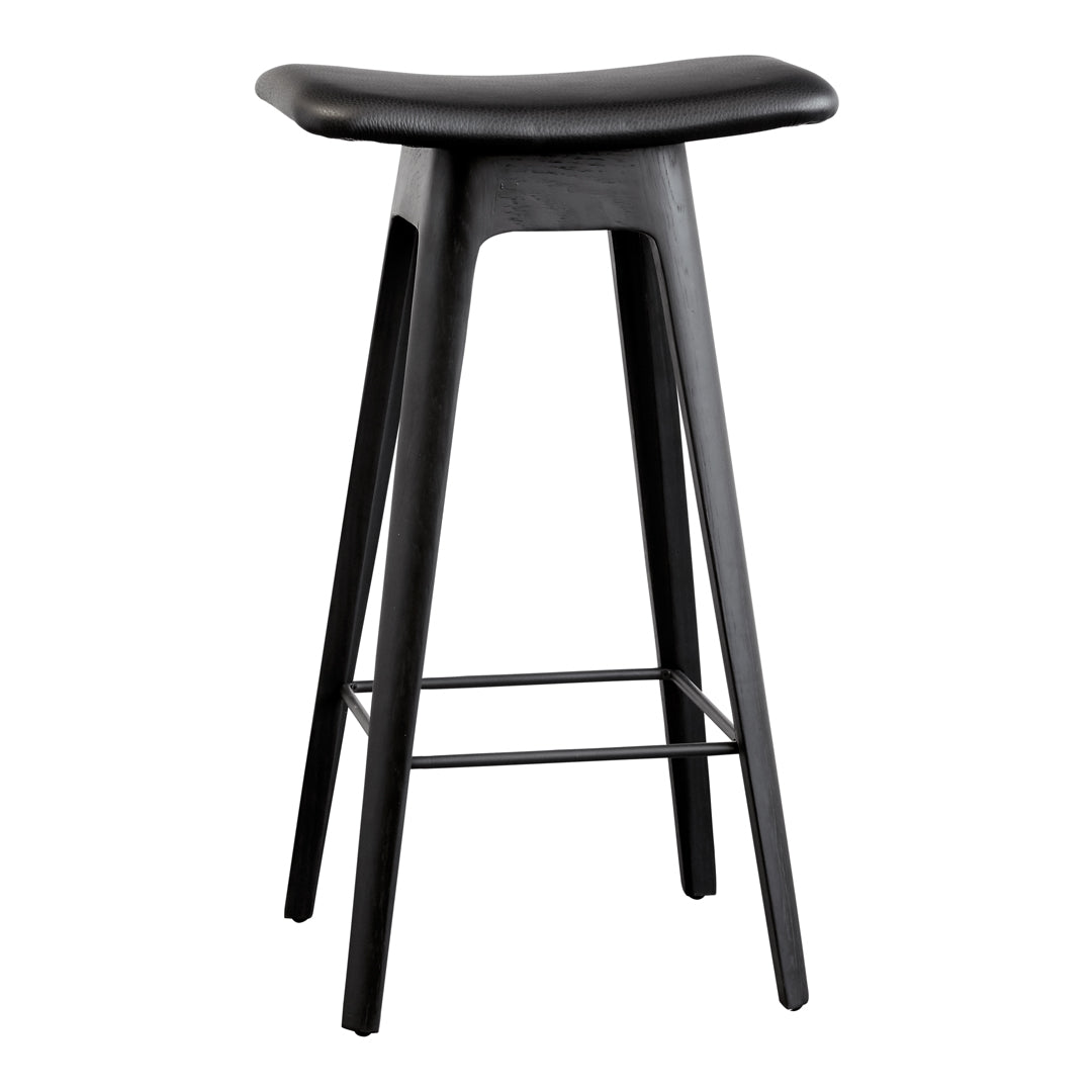 Sleek black bar stool with a minimalist design and smooth, curved seat; perfect for modern decor.
