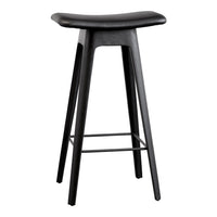 Sleek black bar stool with a minimalist design and smooth, curved seat; perfect for modern decor.