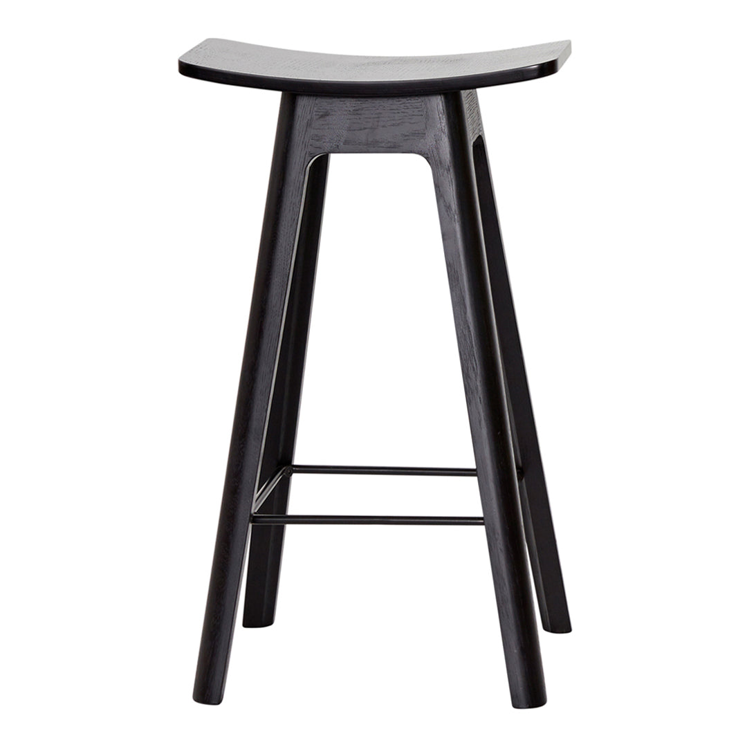Black wooden bar stool with a curved seat and minimalist design, featuring smooth, sleek lines.