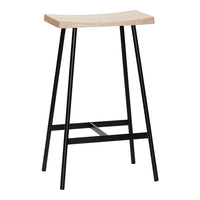 Natural wood seat with a smooth, curved finish on a sleek black metal frame. Modern and minimalist bar stool design.