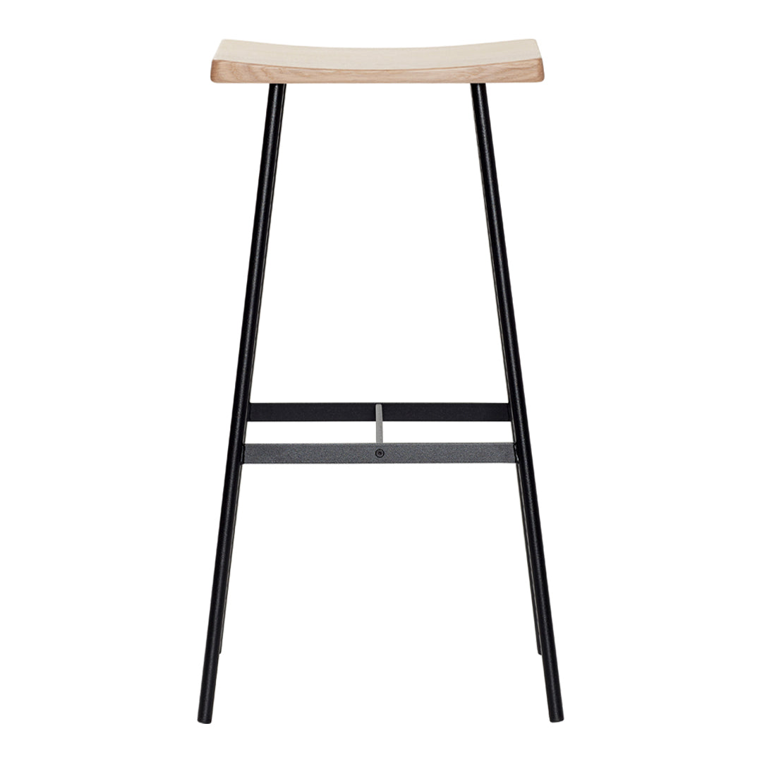 Modern black bar stool with a natural wood seat, featuring sleek lines and minimalistic design. Perfect for contemporary decor.