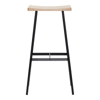 Modern black bar stool with a natural wood seat, featuring sleek lines and minimalistic design. Perfect for contemporary decor.