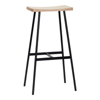 Natural wood top with a smooth finish and sleek black metal legs in a minimalist design.